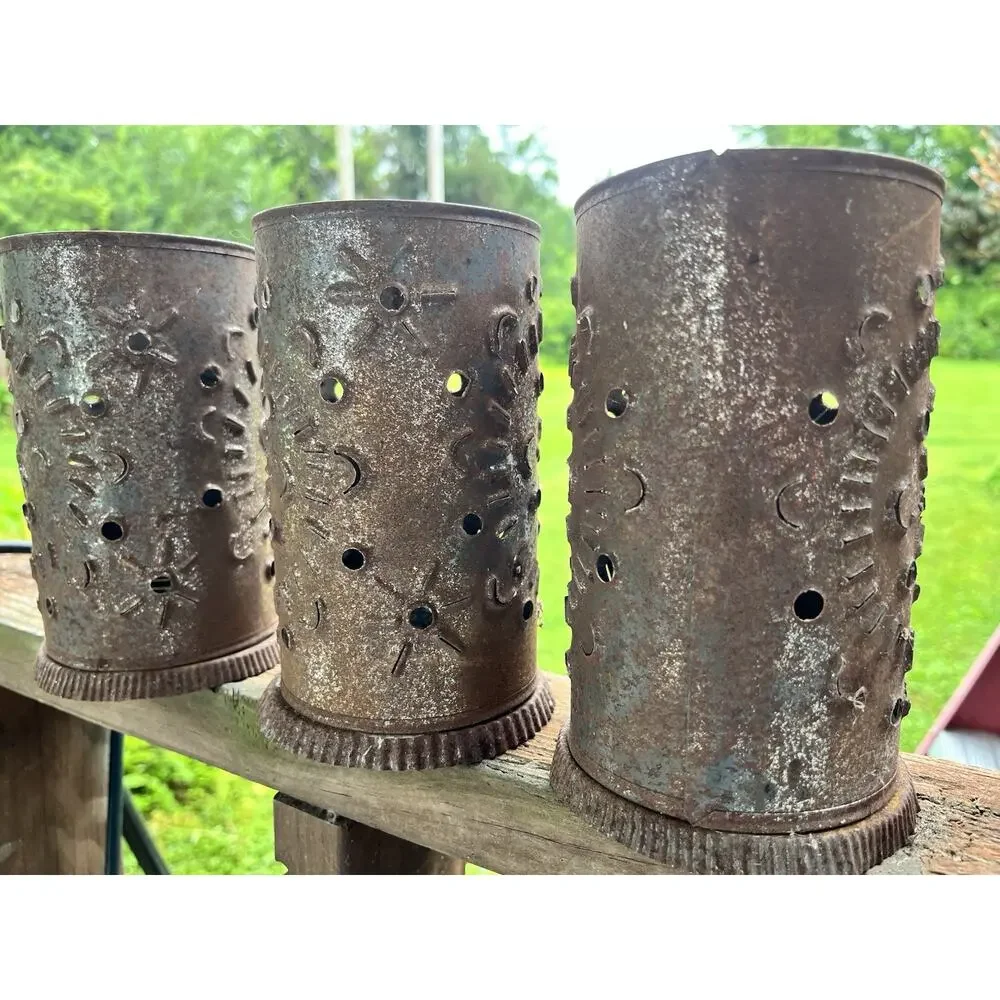 3 Vintage Hammered Tin Outdoor Candle Holder Mexican 1970s 3 pc rusty Folk Art